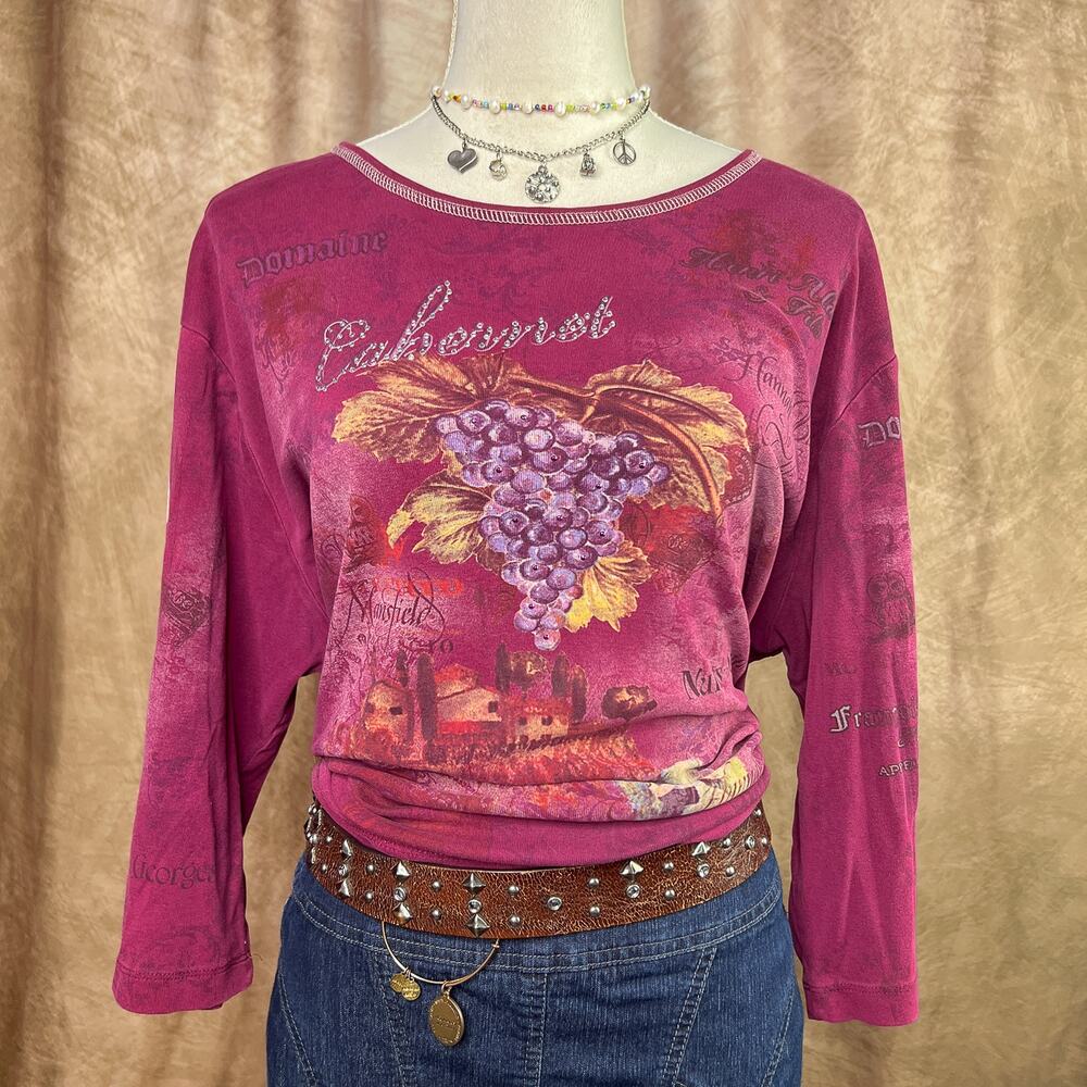 Vintage Y2K Euro Top Cabernet Wine Vineyard Rhinestone Shirt 3/4 Sleeve Burgundy
